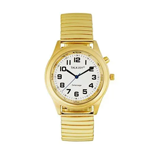 Produktbild: TalkJoy Sprechende Armbanduhr Damen Gold 34 mm, für Senioren, Blinde & Sehbehinderte, Deutsche Sprachansage von Zeit und Datum, Große Zahlen, mit Wecker, Batteriebetrieben