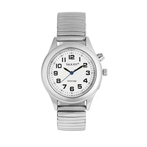 Produktbild: TalkJoy Sprechende Armbanduhr Damen Silber 34 mm, für Senioren, Blinde & Sehbehinderte, Deutsche Sprachansage von Zeit und Datum, Große Zahlen, mit Wecker, Batteriebetrieben