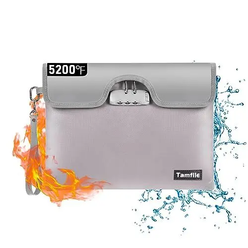 Produktbild: Tamfile 5200°F Feuerfeste Dokumententasche mit Schloss, 34x25cm wasserdichte Geldtasche, Tresor Feuerfeste Aufbewahrungstasche mit Reflektierendem Streifen für Dokumente, Bargeld, Silber