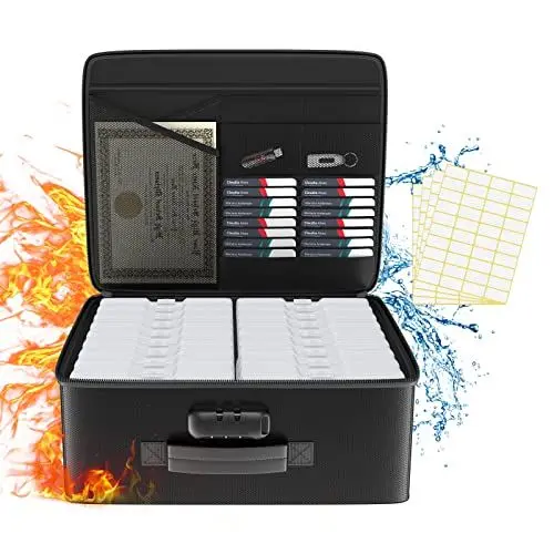 Produktbild: Tamfile Feuerfeste Foto-Aufbewahrungsbox, 18 transparenten 10,2 x 15,2 cm Innen-Fotohüllen, Foto-Organizer mit Schloss für Bilder, Karten, Briefmarken und Bürobedarf mit 4 Blatt Etikettenaufklebern