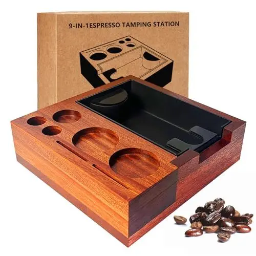 Produktbild: Tamperstation 51-58mm, Tamper Station mit Knock Box, Tamping Station Holz, Coffee Station Barista Zubehör Organizer, Siebträger Halter, Espresso Station für Siebträger Zubehör, Distributor, Puck Scree