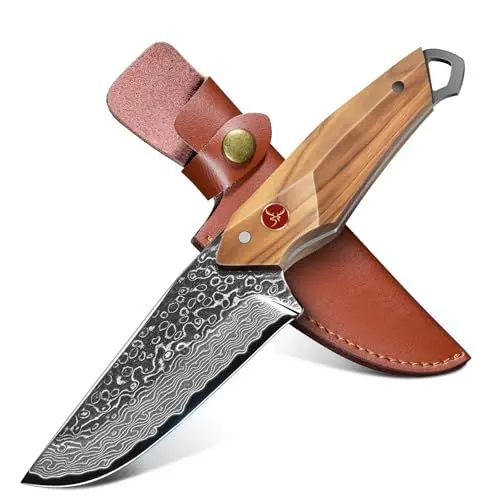 Produktbild: TAN REN Damastmesser 10.4 CM, Outdoor Messer Feststehend, Survival Messer Outdoor, Jagdmesser Feststehende Klinge mit Scheide, Bushcraft Camping Messer Feststehend für Wandern, Fischen und Jagd