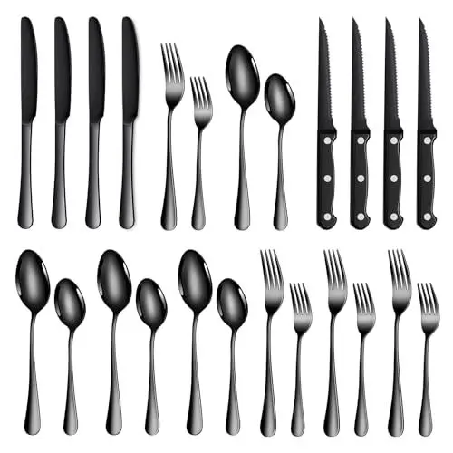 Produktbild: TAN REN Besteck Set Schwarz 4 Personen, 24-teiliges Edelstahl Besteckset mit Steakmesser, Elegantes Essbesteck mit Messer Gabel Löffel, Tafelbesteck für Küche/Restaurant
