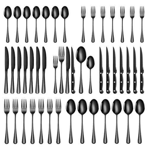 Produktbild: TAN REN Besteck Set Schwarz 8 Personen, 48-teiliges Edelstahl Besteckset mit Steakmesser, Elegantes Essbesteck mit Messer Gabel Löffel, Tafelbesteck für Küche/Restaurant