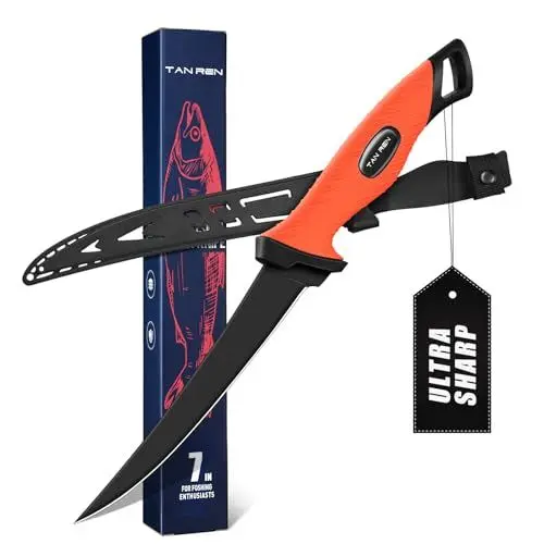 Produktbild: TAN REN Filetiermesser Fisch 16.5CM, Edelstahl Fischmesser mit Anti-Rutsch-Griff, Scharfes Angelmesser, Full Tang Filetiermesser Fleisch profi Messer, Outdoor-Messer für Fisch und Fleisch
