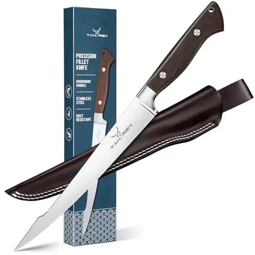 Produktbild: TAN REN Filetiermesser Fisch 23cm, Edelstahl Filetiermesser Scharf Fisch, Fischerei Fisch mit Scheide zum Filetieren und Reinigen, Full Tang Fischmesser mit Holzgriff