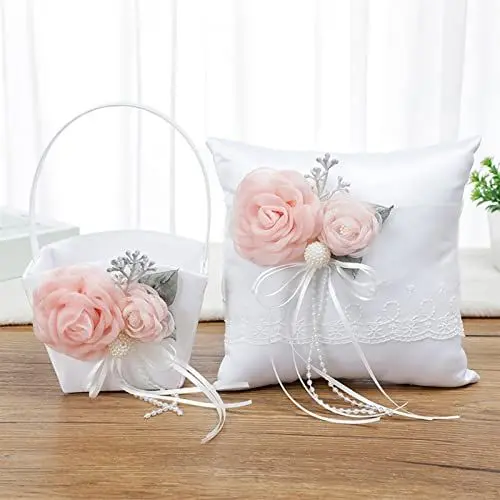 Produktbild: Tanant Blumenmädchen-Körbe und Ringträgerkissen für Hochzeiten, Süßer Hochzeits-Blumenkorb mit Rosa Blumen und Rosa Blumen-Satin-Ringkissen, Blumenkörbe für Blumenmädchen (#1)