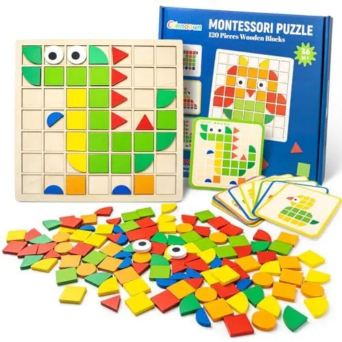 Produktbild: Tangram Kinder, Commodum Geometrische Formen Holzpuzzles, Puzzle mit Holz klötzen, Montessori Spielzeug Puzzle mit 120 Formen, 20 Karten, Pädagogisches Spielzeug Ostergeschenke für Kinder 3+