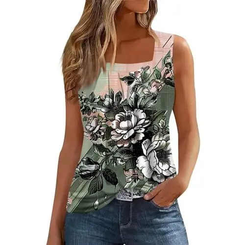Produktbild: Tank Top Damen Strandtop Damen Sommer Top mit Breiten Trägern Damen Damen Top Sommer Locker Tshirt Damen Locker Trägertop Damen Sommer Tank Top Damen Locker Bluse Ohne Ärmel Grün S