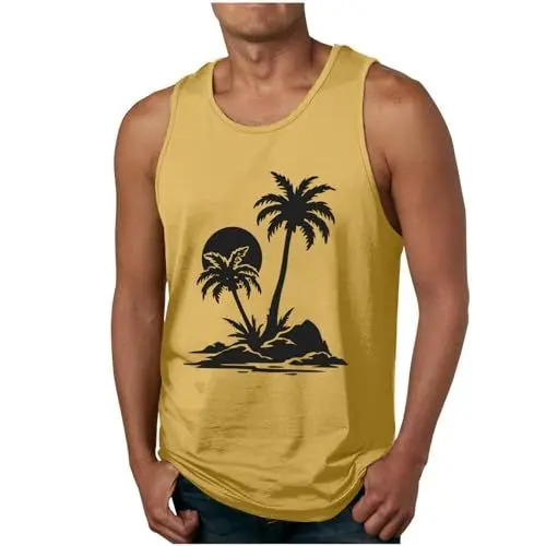 Produktbild: Tank Top Herren Hawaii Tanktop Sommer Muskelshirts Fashion Achselshirt Strand Freizeit Axelshirt Leichte Trägershirt Ärmellose Tshirt Bequeme Sommershirt Angebote Gelb 4XL