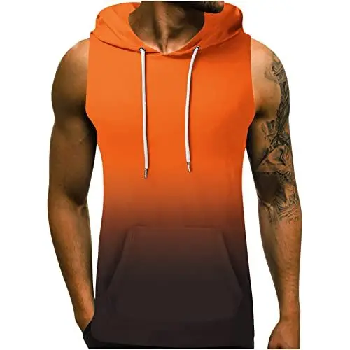 Produktbild: Tank Top Herren Mode Ärmelloser Hoodie Sport Tanktop mit Kapuze Sommer Farbverlauf Hoody ohne Ärmel Freizeit Trägershirt Leichte Sommershirt Taschen Kapuzenshirt Sale Orange M