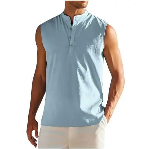 Produktbild: Tank Top Herren Mode Tanktop Sommer Trägershirt mit Knopfleiste Freizeit Muskelshirts Lässig Freizeit Achselshirt Ärmellose Tshirt Leicht Sommershirt Warehouse Deals Angebote Hellblau XL