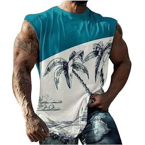 Produktbild: Tank Top Herren Tanktop Sommer Muskelshirts Hawaii Tanktops Druck T-Shirt ohne Ärmel Ärmelloses Shirt Große Größen Trägershirt Rundhals Axelshirt Deals Hellblau 4XL