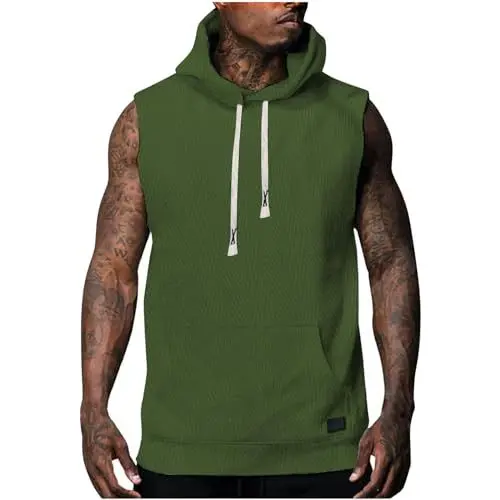 Produktbild: Tank Top Herren mit Kapuzen Sommer Hoodie ohne Ärmel Freizeit Tanktop Regular Fit Trägershirt Fashion Ärmelloses Shirt Einfarbig Kapuzenshirt mit Taschen Sale Armeegrün XXL