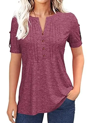 Produktbild: Tankaneo Damen Bluse V-Ausschnitt plissiert Knopfleiste Kurzarm T-Shirt Sommer Feste Farbe Lockere lässig Tunika Oberteil Top