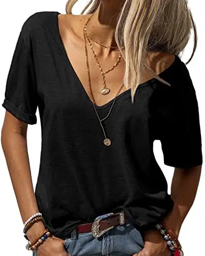 Produktbild: Tankaneo Damen Mode tief V-Ausschnitt Kurze Ärmel Tops Solide Lässig Lose Basic T Shirt Reines Schwarz XL