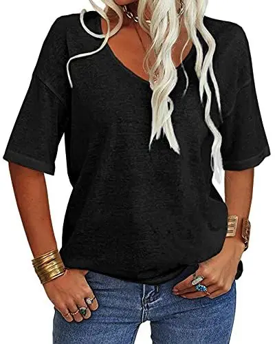 Produktbild: Tankaneo Damen V-Ausschnitt Kurzarm T-Shirt Casual Lose Basic Sommer Tops Halbarm Oversized Tunika Tee