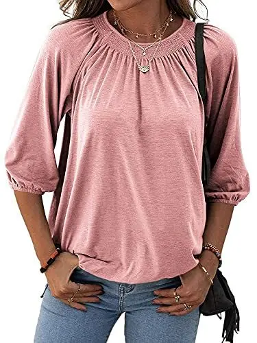 Produktbild: Tankaneo Damen solide Rundhalsausschnitt T Shirt Bluse Baumwolle halbe Ärmel 3/4 Ärmel lässig locker gefaltet Basic Tops