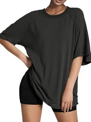 Produktbild: Tankaneo Oversize T Shirt Damen Longshirts Rundhals Kurzarm Oberteile Tops Casual Lockere SportShirts Bluse.Schwarz.XL
