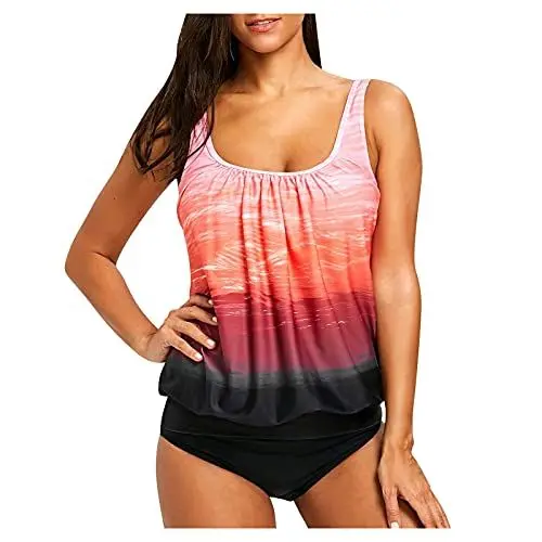 Produktbild: Tankini Damen Badeanzug Tummy Control Top Push Up Bademoden Bauchweg Tankini Set Badeanzug Beachwear Zweiteiler Mode Tankinis Mit Pads Badeanzug Grosse Grössen Badeanzug Kaschiert Bauch E1-Rot,S