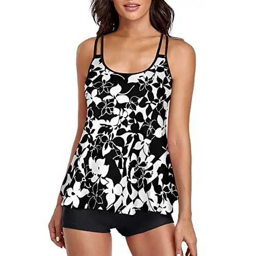 Produktbild: Tankini Damen Bauchweg, Badeanzug Zweiteiliger Push up Bademode Set Drucken Bikini Tank Top mit Hot Pants Einstellbarer Sommer Elegant Badeanzüge Sportlich Tankinis Große Größen Schwarz,XL