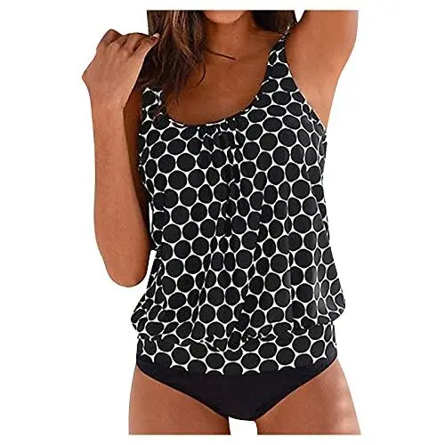 Produktbild: Tankini Damen Badeanzug Tummy Control Top Tankini Set Drucken Oberteile Und Badeshorts Badeanzug Beachwear Tankini Top Soft Cups Tankini Damen Große Größen Damen Tankini Damen Badeanzug E1-Schwarz,L