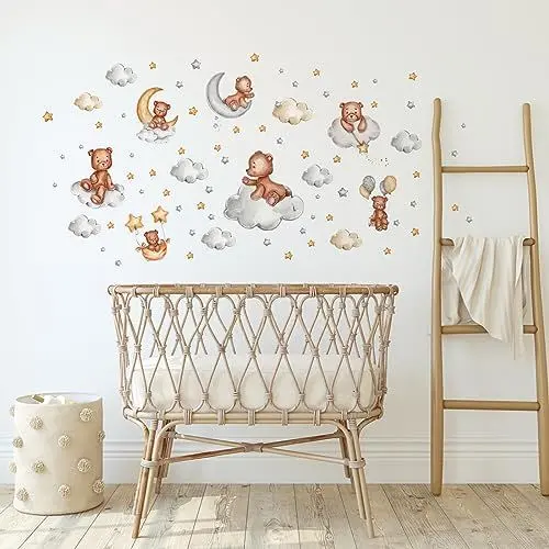 Produktbild: Tanlaby Bär auf Wolke Wandtattoo Cartoon Teddybär Wandsticker Mond Stern Luftballons Wandaufkleber für Kinder Babyzimmer Wohnzimmer Schlafzimmer Kinderzimmer Hause Wanddekoration