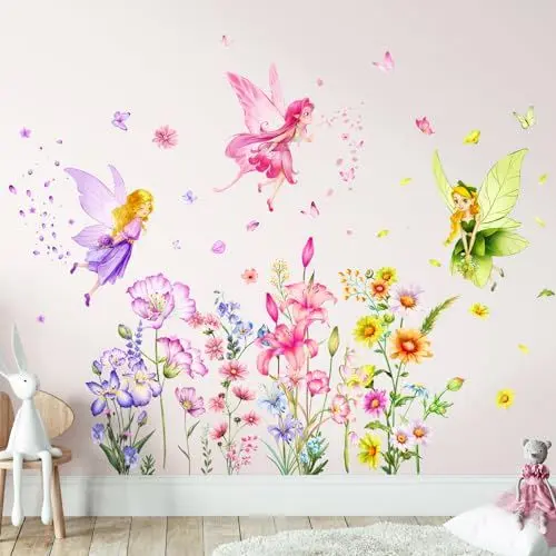 Produktbild: Tanlaby Blume Fee Wandsticker Blumen Schmetterling Elfen Wandtattoo Buntes Pflanze Blume Selbstklebend Wandaufkleber Abnehmbar Wandkunst Aufkleber für Mädchen Kinder Kinderzimmer Schlafzimmer