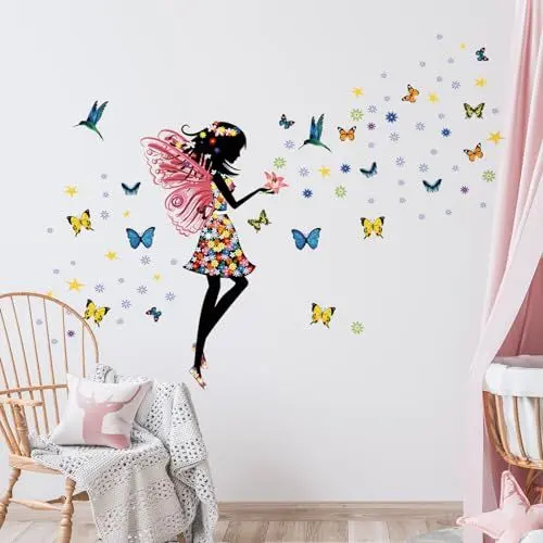 Produktbild: Tanlaby Blumen Fee Wandtattoo Schmetterling Mädchen Wandsticker Blume Schmetterling Wandaufkleber für Mädchen Babyzimmer Wohnzimmer Schlafzimmer Kinderzimmer Hause Wanddekoration