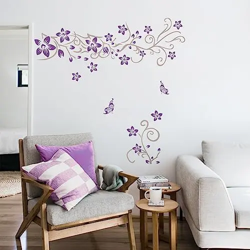 Produktbild: Tanlaby Blumen Rebe Wandtattoo Lila Blumen Wandsticker Lila Schmetterling Wandaufkleber für Wohnzimmer Schlafzimmer Büros Sofa Hintergrund Hause Wanddekoration