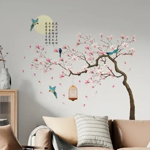 Produktbild: Tanlaby Blumen Vögel auf Ast Wandtattoo Chinesischer Stil Baum Blume Wandsticker Rosa Blumen Magnolie Wandaufkleber für Erwachsene Kinder Wohnzimmer Schlafzimmer Büros Hause Wanddekoration