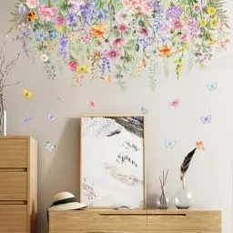 Produktbild: Tanlaby Bunte Blumen Wandsticker Grüne Pflanzen Wandtattoo Schmetterling Wandaufkleber Selbstklebend Abnehmbar Wandkunst Aufkleber für Wohnzimmer Schlafzimmer Sofa Hintergrund Wanddekoration