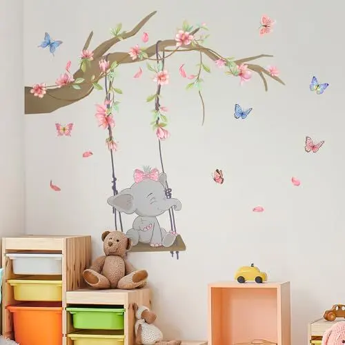 Produktbild: Tanlaby Cartoon Elefantenschaukel Wandtattoo Zweig Rosa Blume Wandsticker Elefant Tier Wandaufkleber Selbstklebende Abnehmbare Wandaufkleber für Kinder Schlafzimmer Spielzimmer Wanddekoration