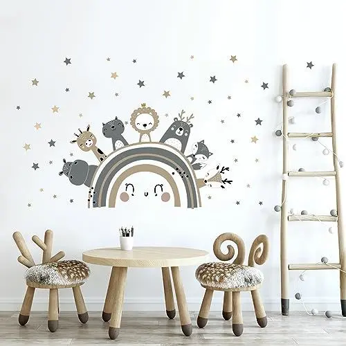 Produktbild: Tanlaby Große Regenbogen und Tier Wandtattoo Boho Grau Braun Waldland Tier Wandsticker Nordisch Giraffe Löwe Wandaufkleber für Kinder Babyzimmer Wohnzimmer Schlafzimmer Kinderzimmer Wanddekoration