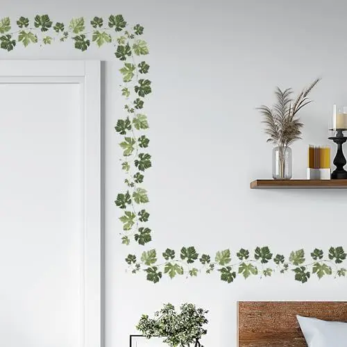 Produktbild: Tanlaby Grüne Rebe Wandtattoo Grün Efeu Blätter Wandsticker Natürliche Pflanzen Hängende Rebe Wandaufkleber für Wohnzimmer Schlafzimmer Büros Sofa Hintergrund Hause Wanddeko