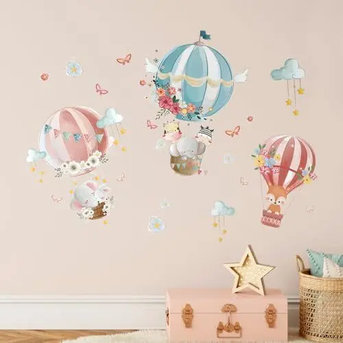Produktbild: Tanlaby Heißluftballon Wandtattoo Karikatur Tiere Wandsticker Fuchs Elefant Schmetterling Wandaufkleber für Kinder Babyzimmer Wohnzimmer Schlafzimmer Kinderzimmer Hause Wanddekoration