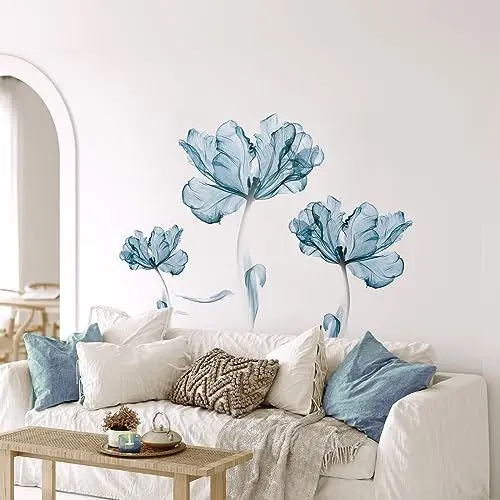 Produktbild: Tanlaby Hellblauer Blumen Wandtattoo Großes Blaues Blumen Wandsticker Lotusblüte Wandaufkleber für Frauen Erwachsene Wohnzimmer Schlafzimmer Büros Sofa Hintergrund Hause Wanddekoration