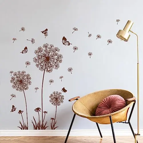 Produktbild: Tanlaby Löwenzahn Wandsticker Blumen Wandtattoo Pusteblume Schmetterlinge Wandaufkleber für Wohnzimmer Schlafzimmer Büros Sofa Hintergrund Hause Wanddekoration(Braun)
