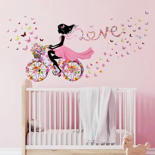 Produktbild: Tanlaby Mädchen Fahrrad Wandtattoo Blumen Fee Wandsticker Schmetterling Mädchen Wandaufkleberr für Mädchen Babyzimmer Wohnzimmer Schlafzimmer Kinderzimmer Hause Wanddekoration