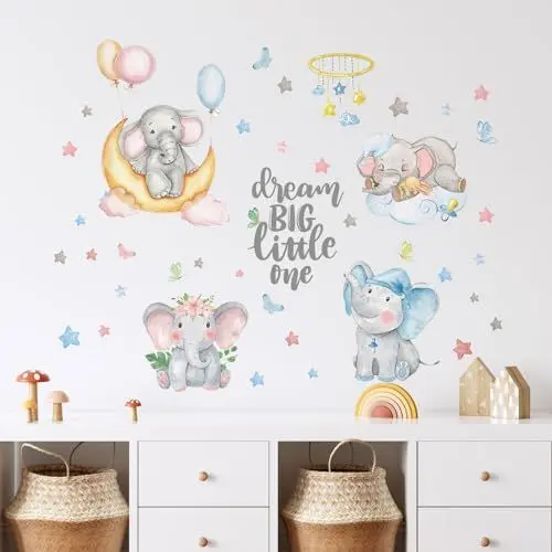 Produktbild: Tanlaby Niedliche Elefanten Wandtattoo Dream Big Little One Wandsticker Mondstern Rosa Blau Luftballon Wandaufkleber für Kinder Babyzimmer Wohnzimmer Schlafzimmer Kinderzimmer Hause Wanddekoration
