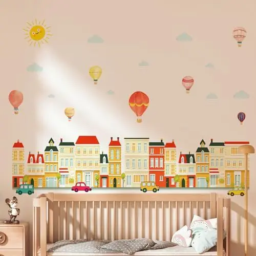 Produktbild: Tanlaby Nordische Architektur Wandsticker Heißluftballon Auto Stadt Straße Haus Wandtattoo Selbstklebend Wandaufkleber Abnehmbare Wand Kunst Aufkleber für Schlafzimmer Büro Hintergrund Wanddekoration