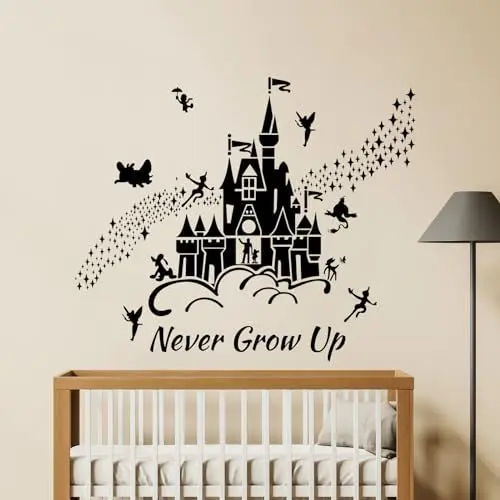 Produktbild: Tanlaby Peter Pan Wandtattoo Schwarze Schloss Wandsticker Never Grow Up Zitate Wandaufkleber für Kinder Babyzimmer Wohnzimmer Schlafzimmer Kinderzimmer Hause Wanddekoration