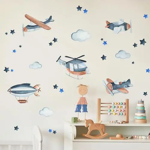Produktbild: Tanlaby Raumschiffe Flugzeuge Wandsticker Blaue Wolken Sterne Wandtattoo Selbstklebend Wandaufkleber Abnehmbare Wandkunst Aufkleber für Kinderzimmer Kinderzimmer Spielzimmer Wanddekoration