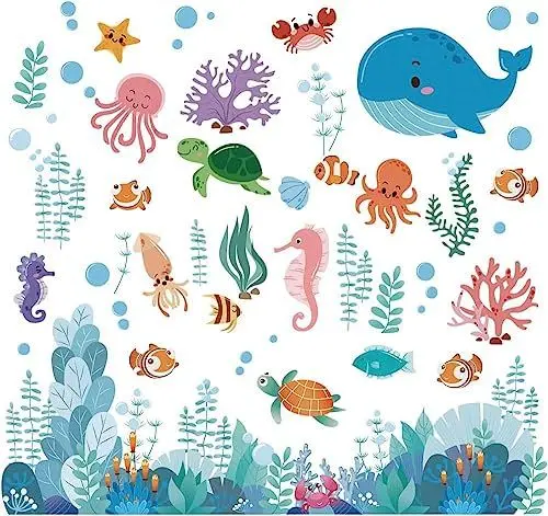 Produktbild: Tanlaby Unter dem Meer Wandsticker Ozean Kreaturen Wandtattoo Delfin Schildkröte Ozean Gras Wandaufkleber Selbstklebend Abnehmbar Wandkunst Aufkleber für Kinderzimmer Kinder Spielzimmer Wanddekoration