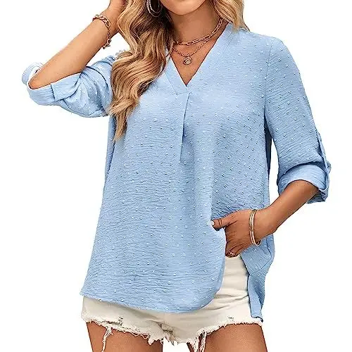 Produktbild: Tanmolo Bluse Damen 3/4 Ärmel mit V-Ausschnitt Elegant Oberteile Casual Swiss Dot Tops Tunika Hellblau, XXL