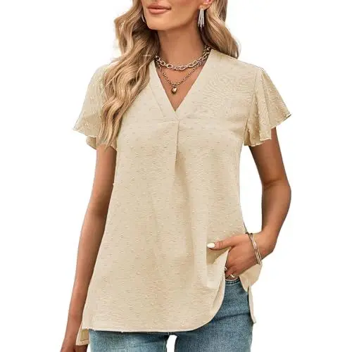 Produktbild: Tanmolo Bluse Damen Kurze Ärmel mit V-Ausschnitt Elegant Oberteile Casual Swiss Dot Tops Tunika Aprikose, 3XL