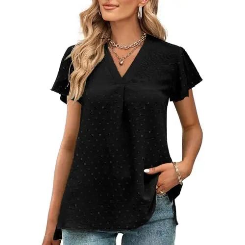Produktbild: Tanmolo Bluse Damen Kurze Ärmel mit V-Ausschnitt Elegant Oberteile Casual Swiss Dot Tops Tunika Schwarz, XL