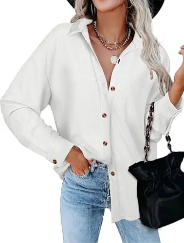 Produktbild: Tanmolo Bluse Damen Langarm Hemdjacke Elegant Hemdbluse Baumwolle Langarmshirt Blusen Waffelbluse Lässig Oberteile Tops mit Knöpfen Hemd Weiß, M
