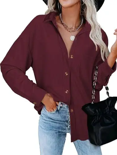 Produktbild: Tanmolo Bluse Damen Langarm Hemdjacke Elegant Hemdbluse Baumwolle Langarmshirt Blusen Waffelbluse Lässig Oberteile Tops mit Knöpfen Hemd Weinrot, M
