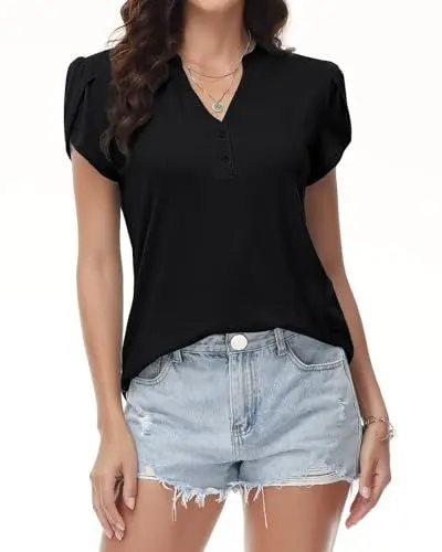 Produktbild: Tanmolo Bluse Damen Poloshirts Kurzarm V-Ausschnitt Lässige Casual Hemd Sommer Oberteile Business Shirt Lässig Blusen Schwarz, M